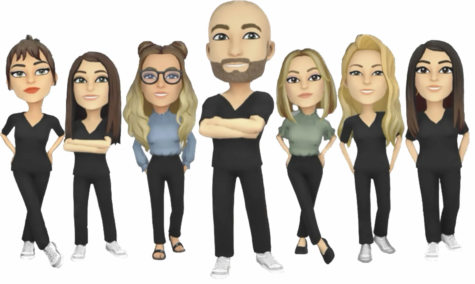 An illustration of the Charlottesville Dental Care team — Dr. Delph with the hygienists, assistants and office administrators