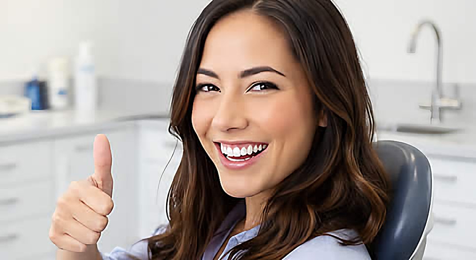 A smiling patient giving a thumbs-up in the dental chair