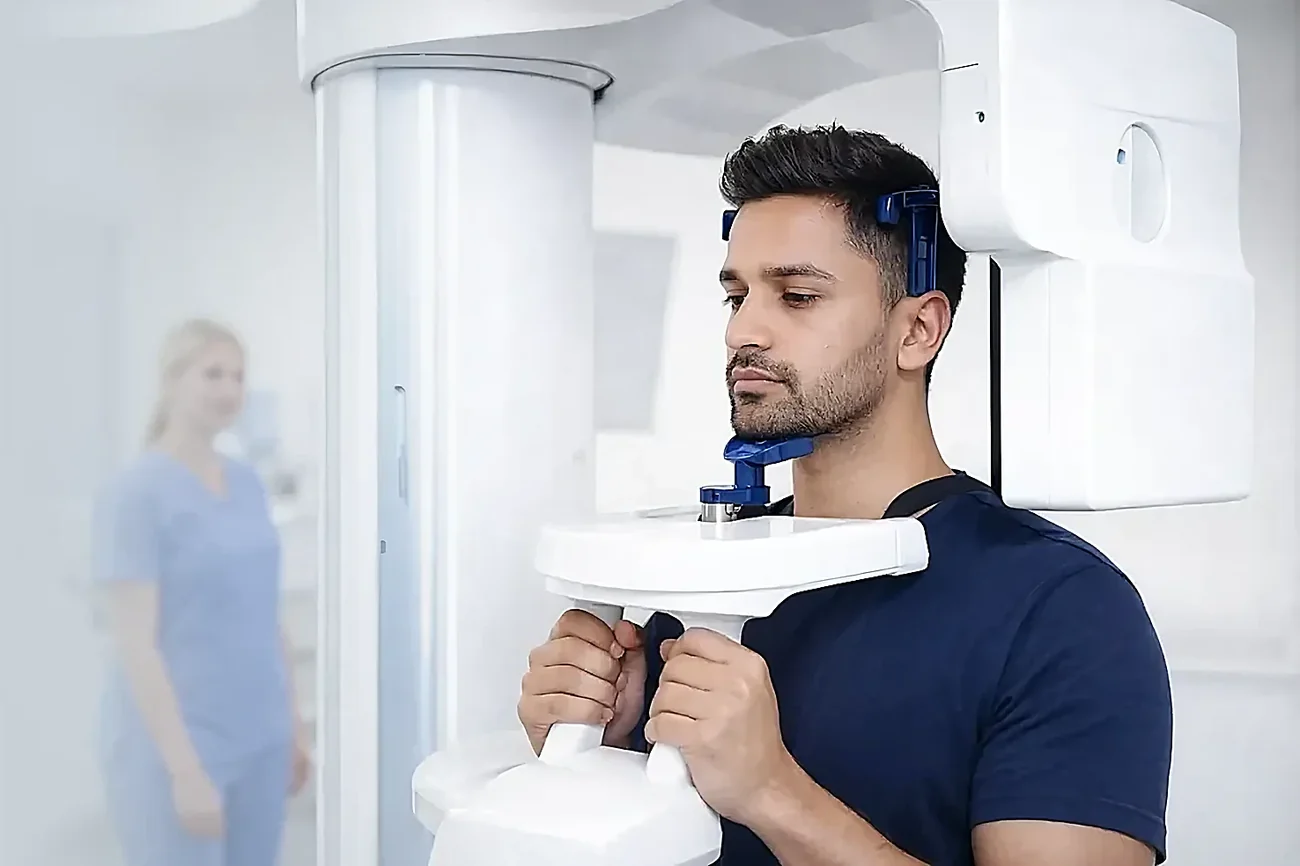 A patient standing in a cone beam CT scanner while the team operates it