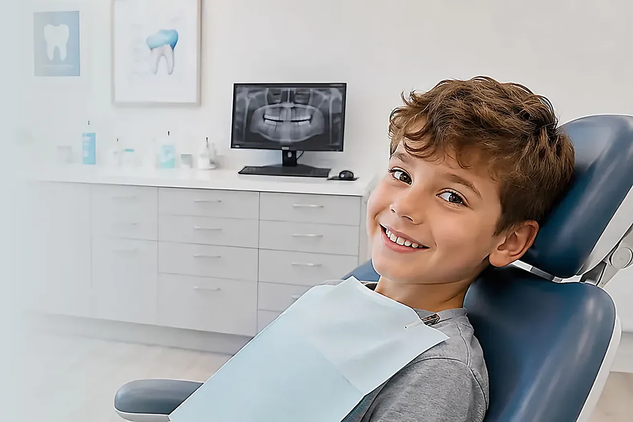 A child smiling in the dental chair