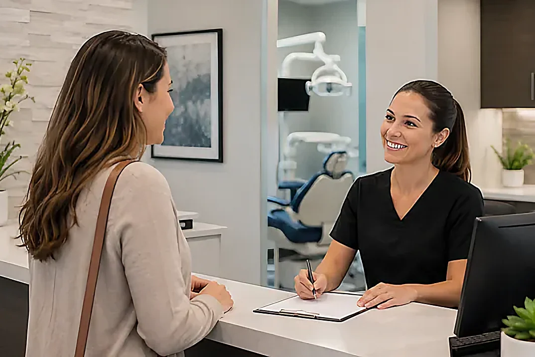 A patient checking in at the front desk at Charlottesville Dental Care