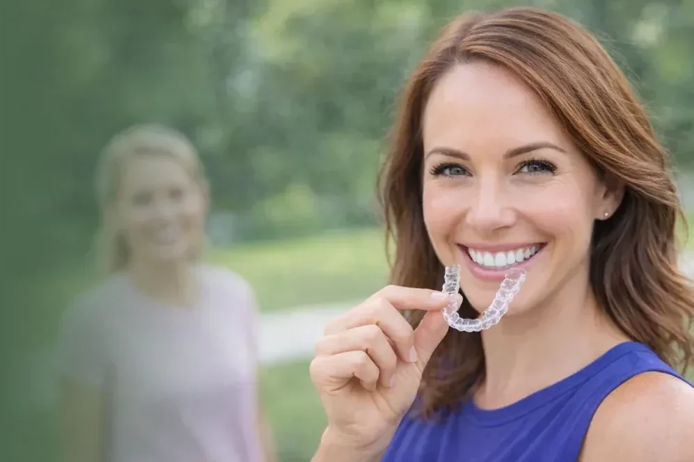 A woman holding a clear Invisalign aligner