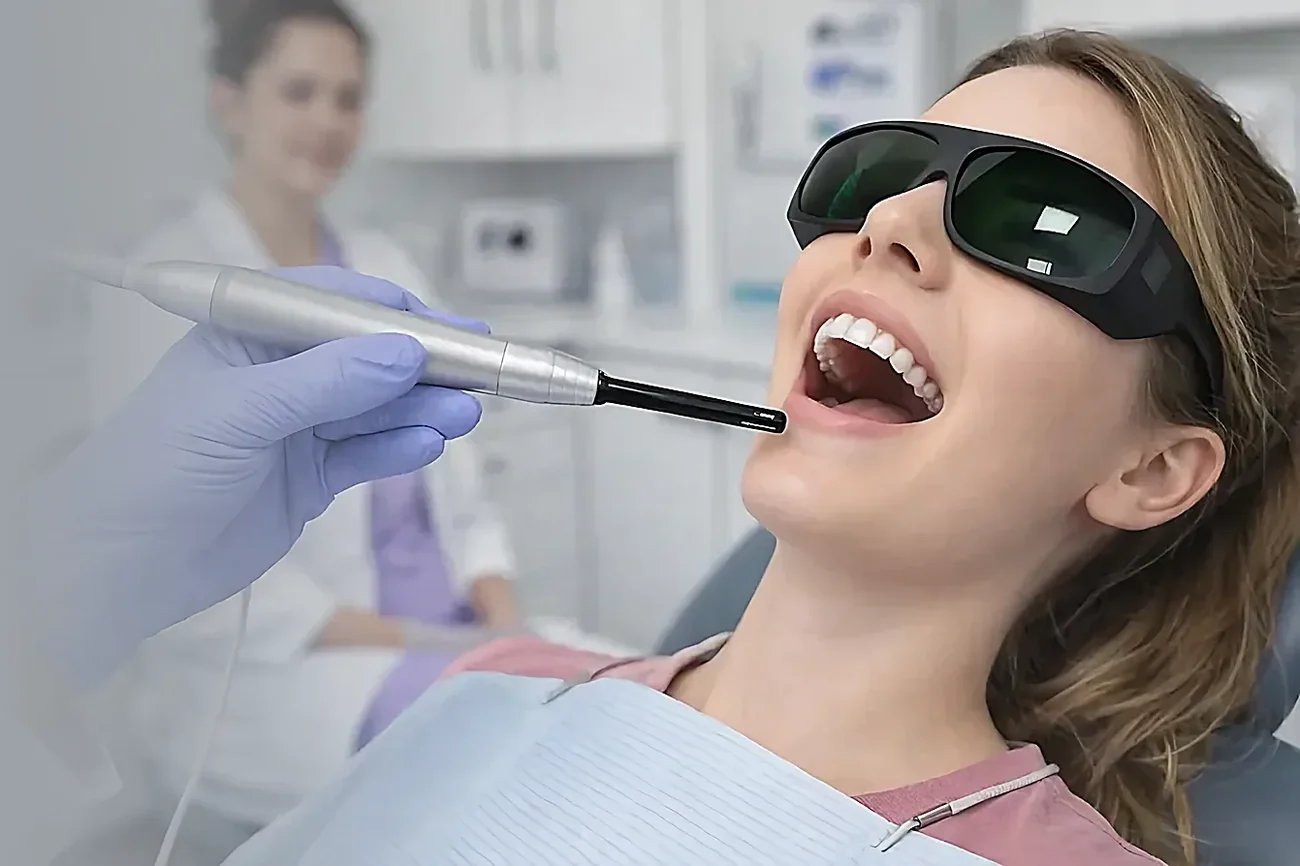 A patient wearing protective glasses during laser treatment