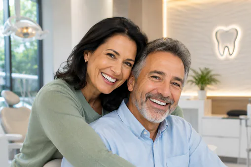 A smiling couple in a dental office