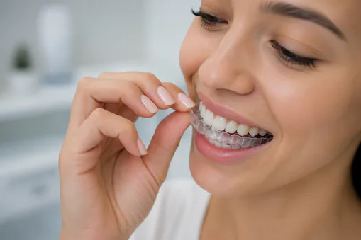 A woman placing a clear aligner on her teeth