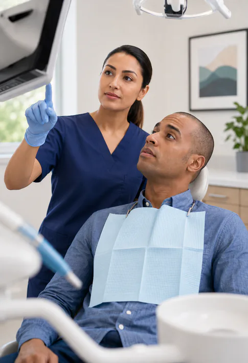 A dental team member pointing to a screen as a patient looks on