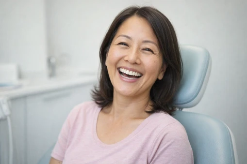 A woman laughing in the dental chair