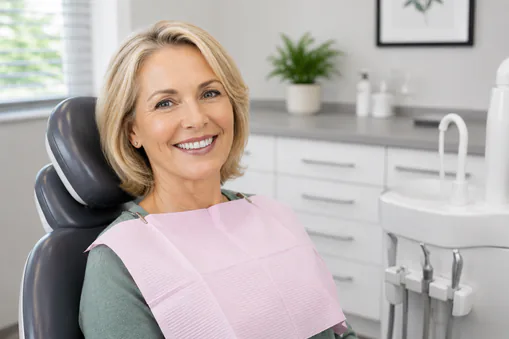 A smiling woman seated in the dental chair