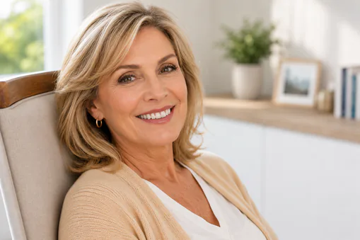 A smiling woman seated in the dental chair
