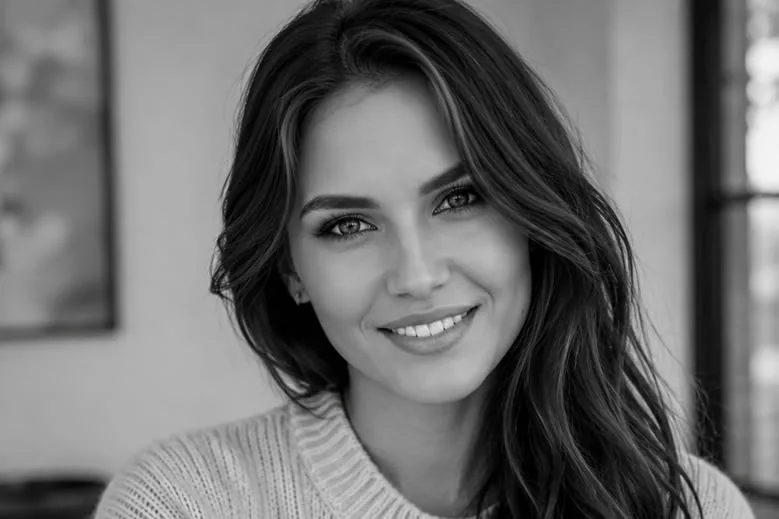 Black-and-white portrait of a smiling woman