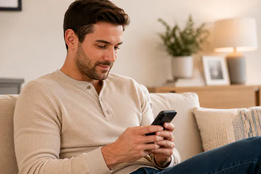 A man relaxing on a sofa and looking at his phone