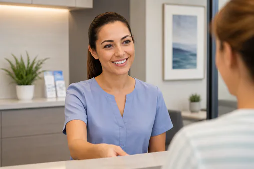 A smiling team member at the front desk talking with a patient