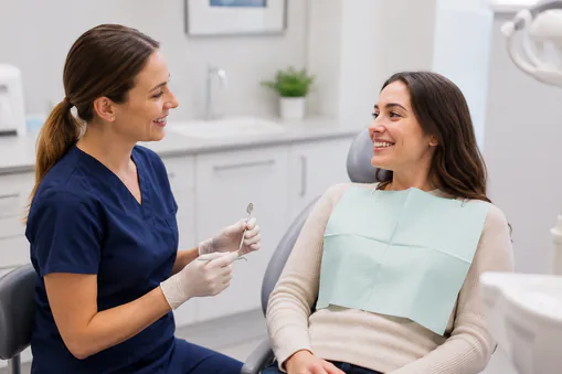 A dental assistant talking with a smiling patient in the chair