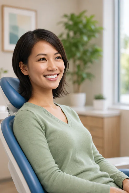 A smiling woman seated in the dental chair